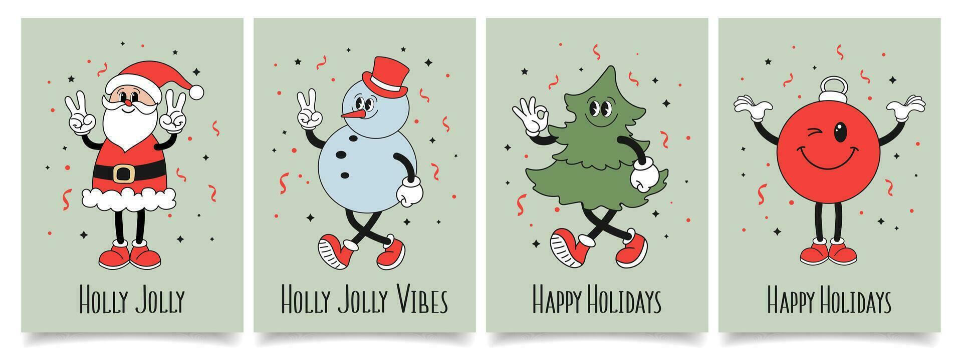 impostato di Natale carte con retrò Groovy hippie personaggi. pupazzo di neve, Santa claus, Natale albero, Natale decorazione sfera. vacanza illustrazioni nel di moda cartone animato stile. vettore