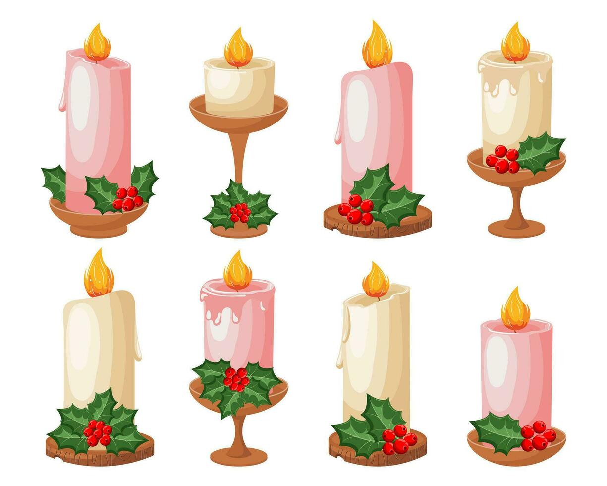 un' impostato di Natale candele nel frutti di bosco e agrifoglio le foglie su candelieri, sta. Natale leggero decorazione impostare. vettore