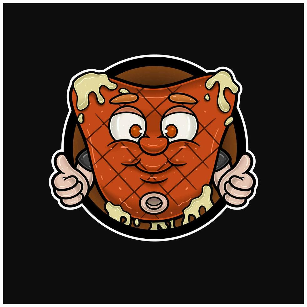 portafortuna cartone animato di bistecca con contento Sorridi viso. cerchio logo e gratuito modificabile. vettore