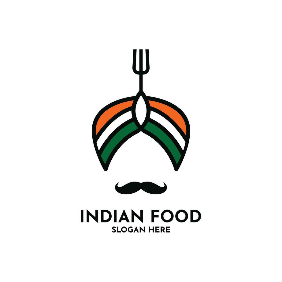 turbante bandiera forchetta baffi India indiano cibo logo design concetto vettore