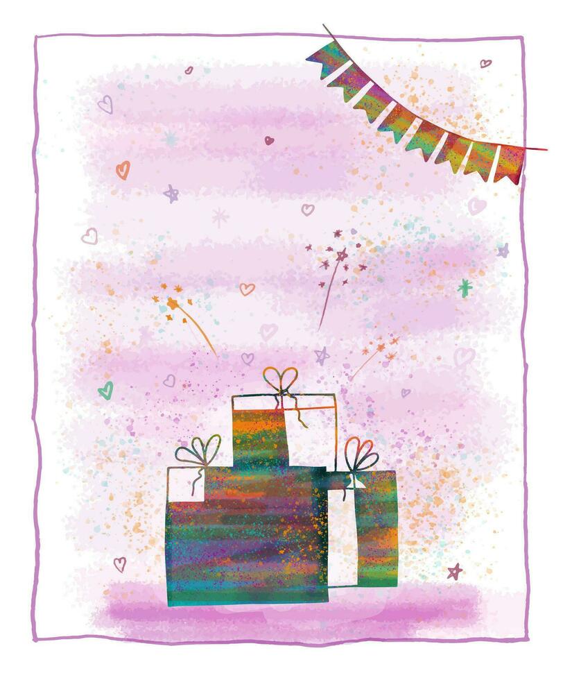 luminosa vacanza carta modello con copia spazio con colorato sagome di un' gruppo di regalo scatole e un' ghirlanda. acquerello effetti su il sfondo, dipingere schizzi, stella e cuore forme vettore