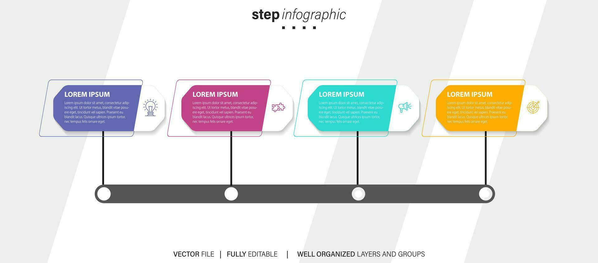 concetto di attività commerciale modello con 4 successivo passi. quattro colorato grafico elementi. sequenza temporale design per opuscolo, presentazione. Infografica design disposizione vettore