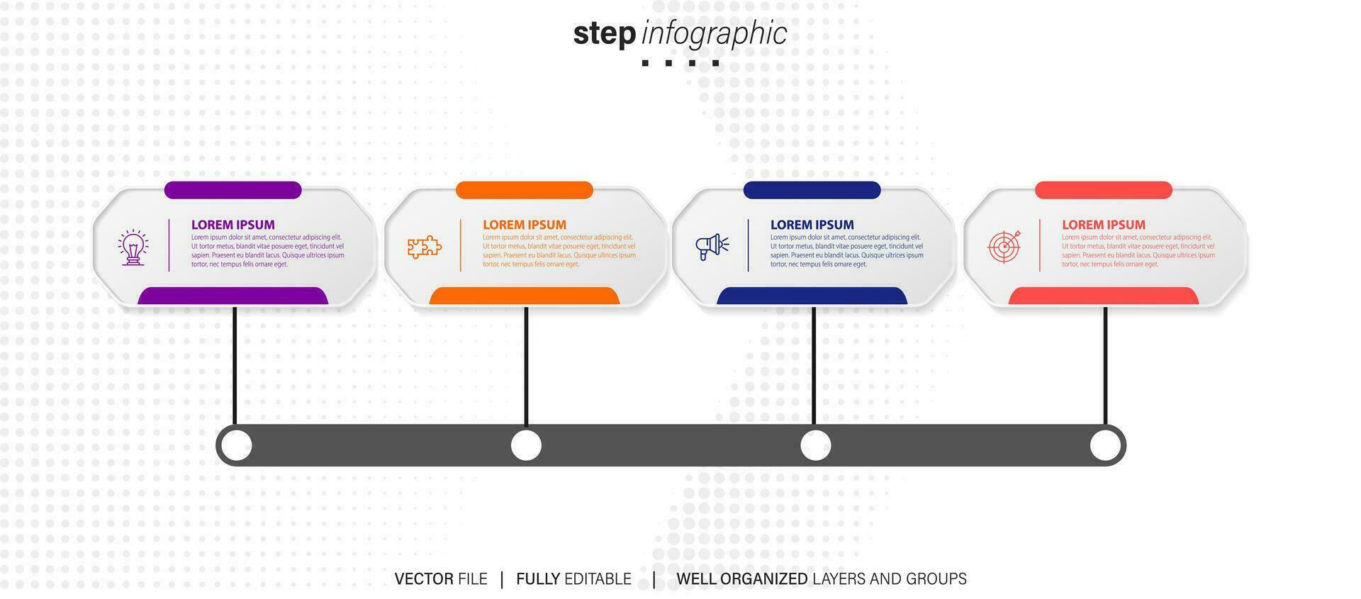 concetto di attività commerciale modello con 4 successivo passi. quattro colorato grafico elementi. sequenza temporale design per opuscolo, presentazione. Infografica design disposizione vettore