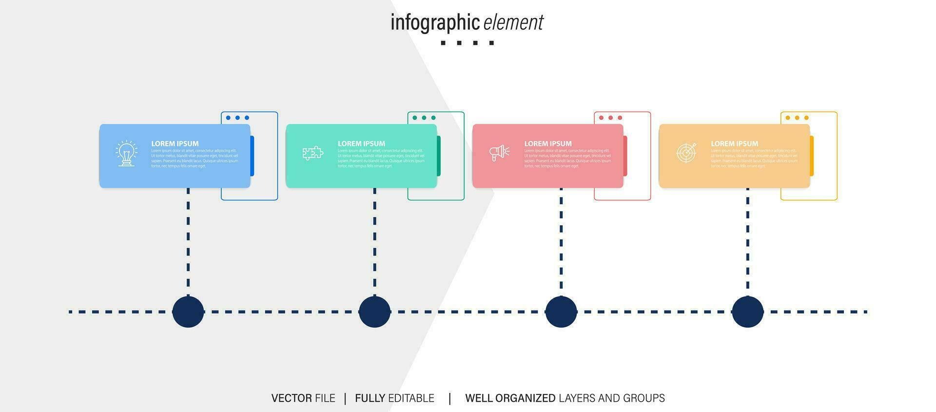 mente carta geografica Infografica modello o elemento come un' vettore con 4 fare un passo, processi, opzione, colorato etichetta, icone, semicircolare, circolare, ramo freccia, per vendita diapositiva o presentazione, minimo, moderno stile