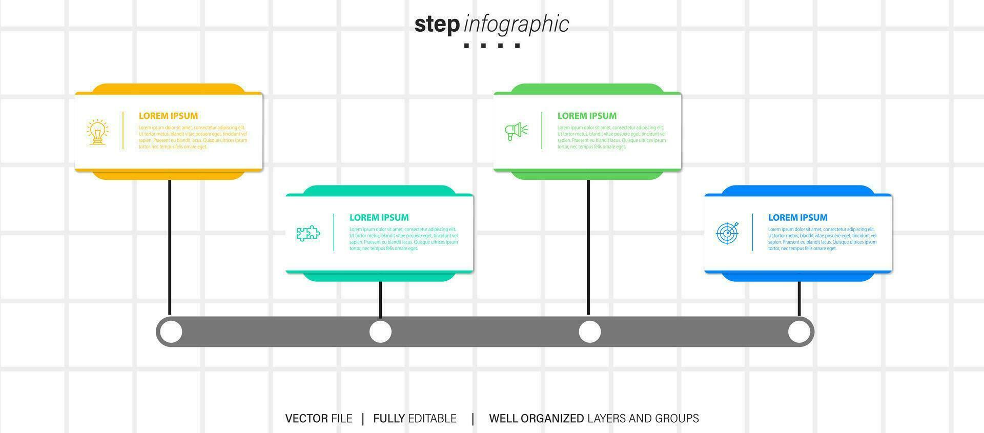 mente carta geografica Infografica modello o elemento come un' vettore con 4 fare un passo, processi, opzione, colorato etichetta, icone, semicircolare, circolare, ramo freccia, per vendita diapositiva o presentazione, minimo, moderno stile