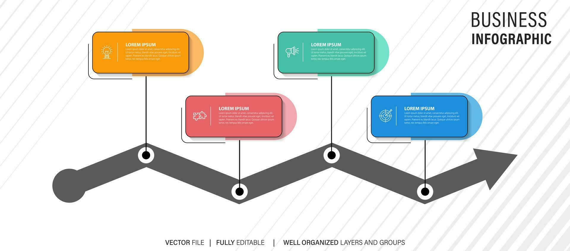 4 elementi schema, diagramma. quattro collegato turni. Infografica modello. vettore