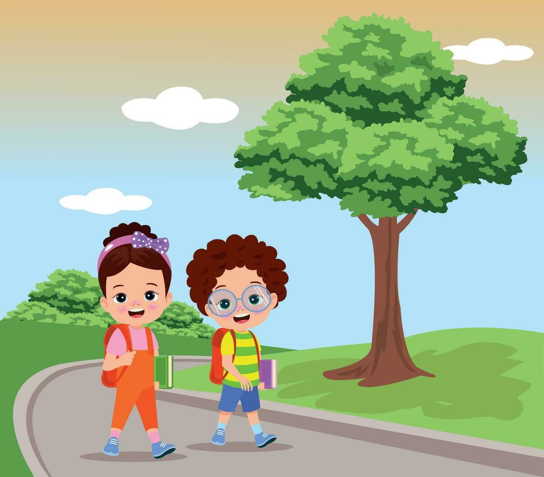 bambini che vanno a scuola a piedi vettore