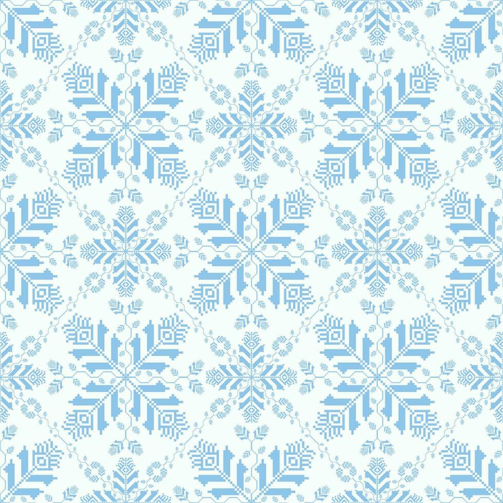 blu bianco colorato geometrico floreale modello. geometrico floreale senza soluzione di continuità modello pixel arte stile. floreale punto modello uso per tessuto, tessile, sfondo, cuscino, tappeto, tappezzeria, avvolgere. vettore