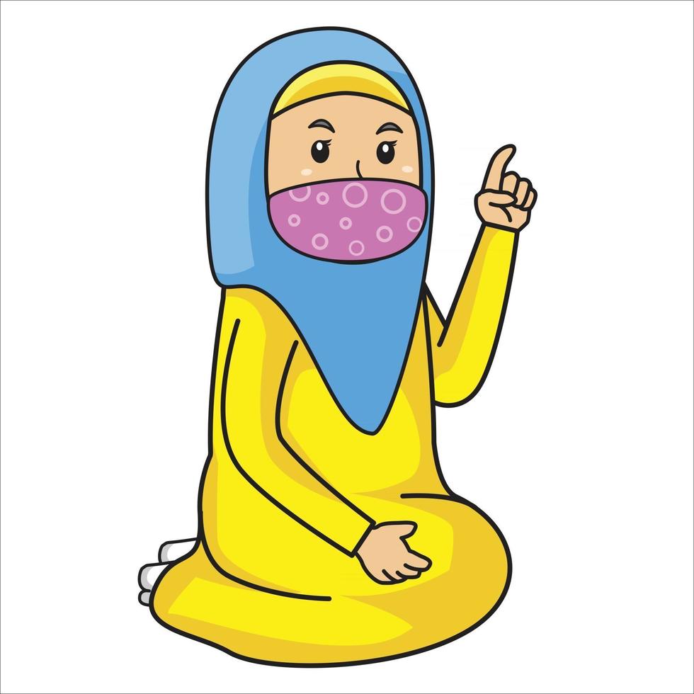 la donna musulmana aggiunge consigli o studia i bambini, il mese del ramadan, usando la maschera e il protocollo sano. Illustrazione del carattere. vettore
