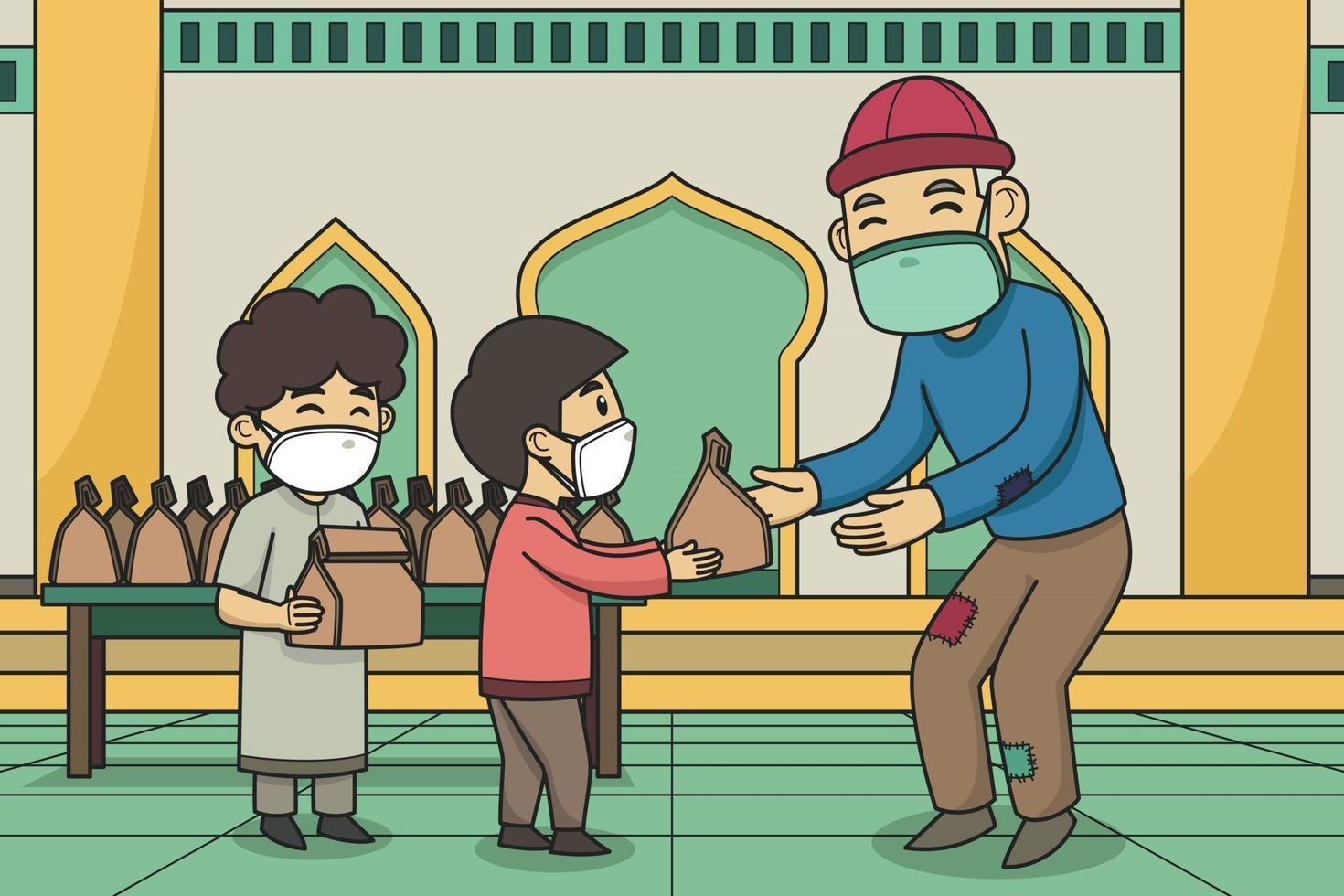 giorno della distribuzione di shadaqah da parte dei bambini ai poveri nel cortile di una moschea. vettore. illustrazione del libro per bambini. vettore