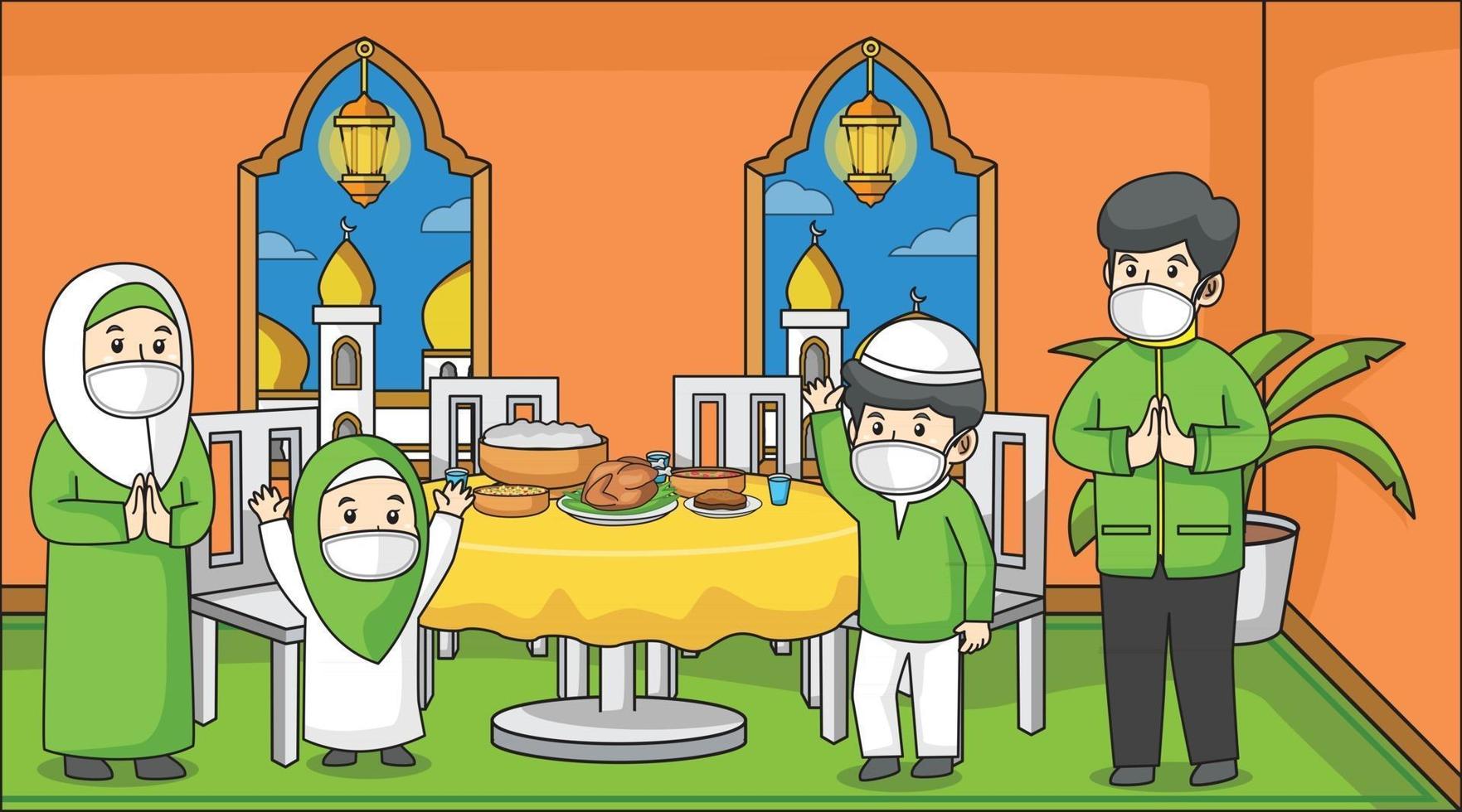 durante la pandemia del virus corona, la famiglia musulmana resta a casa e fa festa all'iftar maghrib, nel mese del ramadan. usando maschere e protocolli sanitari. illustrazione del libro per bambini. vettore