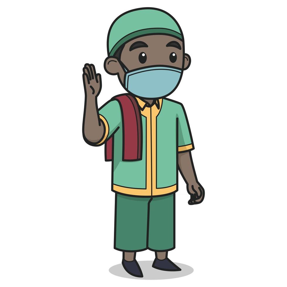 personaggio ragazzo musulmano africano che indossa maschera e berretto. vettore. libro per bambini. vettore