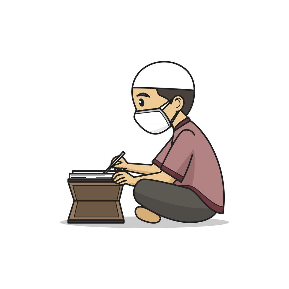 il personaggio dei ragazzi legge il Corano, indossando berretti musulmani, vestiti e maschera facciale. vettore. libro per bambini. vettore