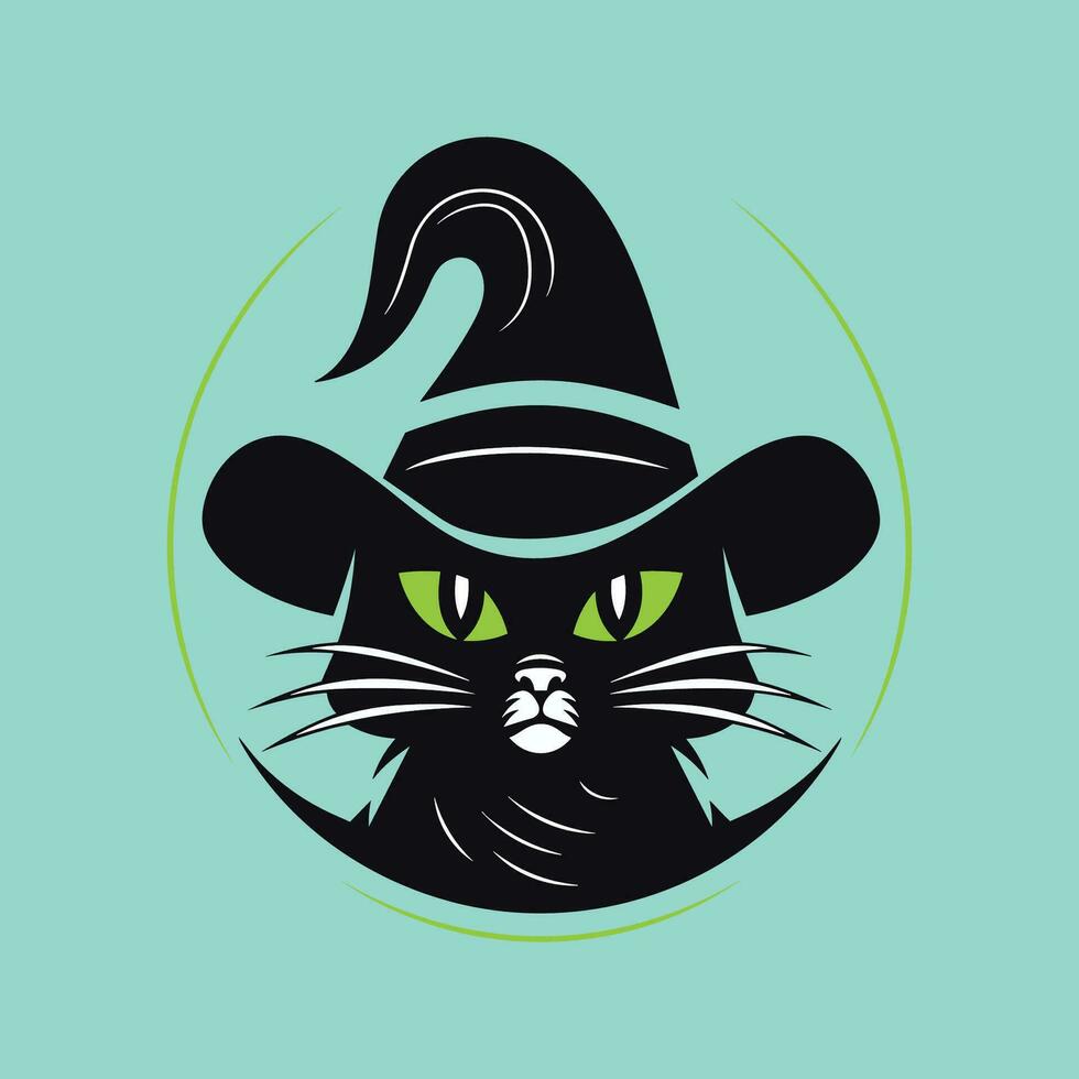 nero gatto con strega cappello e verde occhi vettore