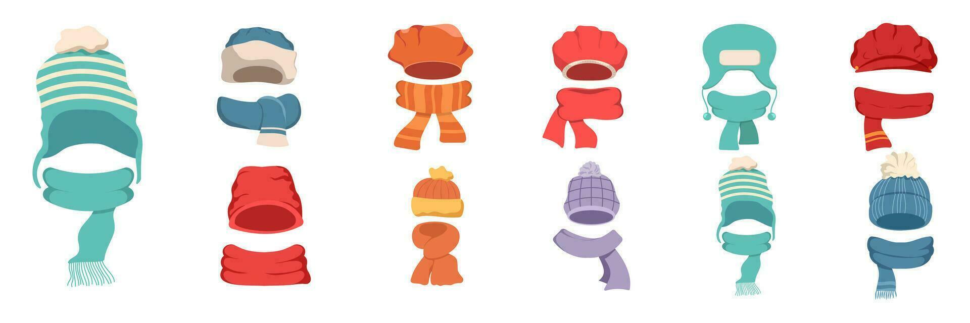 inverno cappelli. bambini maglieria autunno copricapo, cappelli e sciarpa, freddo tempo metereologico bambini Accessori isolato vettore illustrazione icone impostare. bambino a maglia sciarpa, accessorio copricapo, autunno infantile indumento.