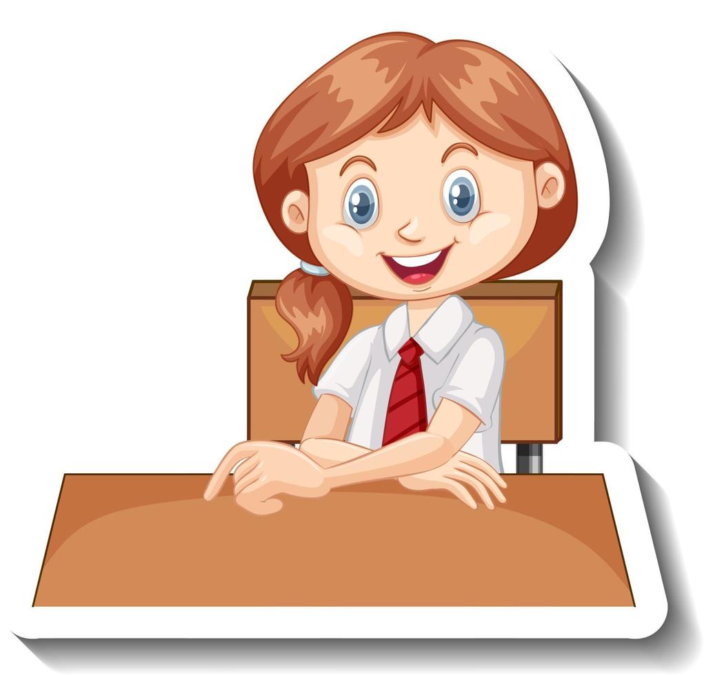 adesivo cartone animato ragazza studentessa seduta alla scrivania vettore