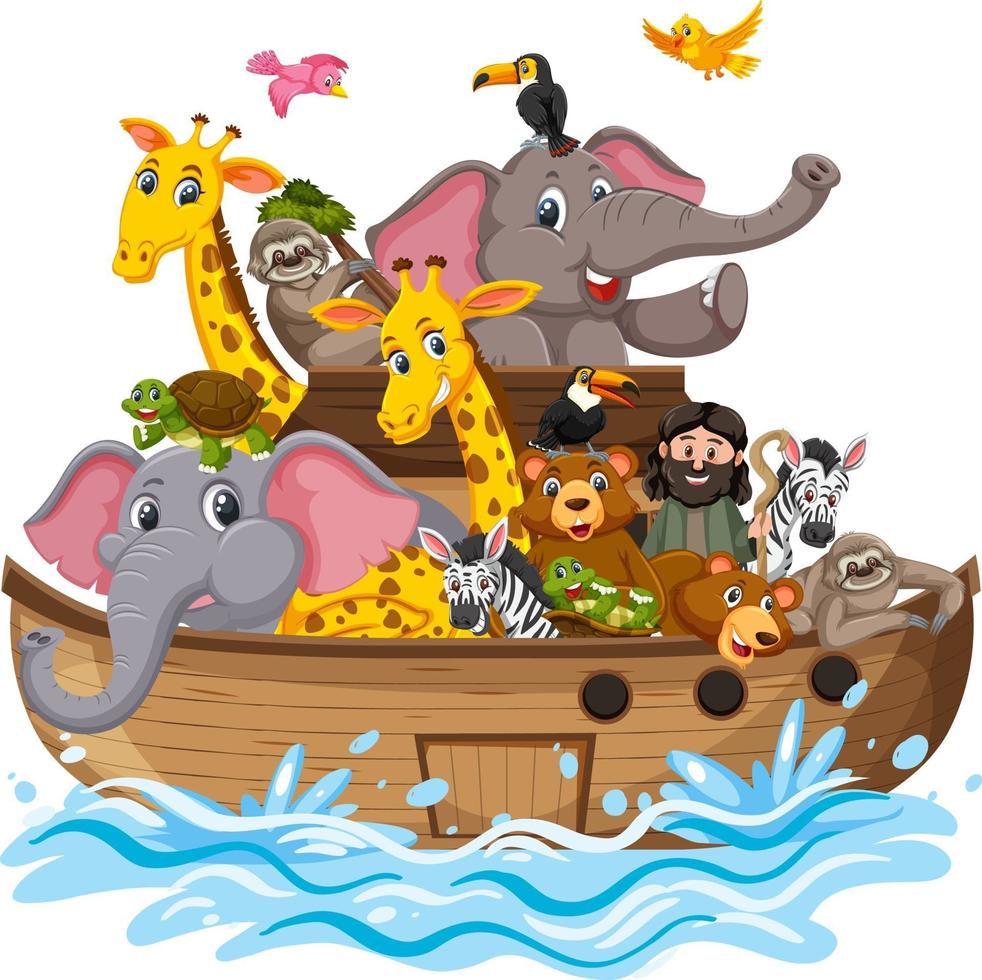 animali sull'arca di Noè con onda del mare isolato su sfondo bianco vettore