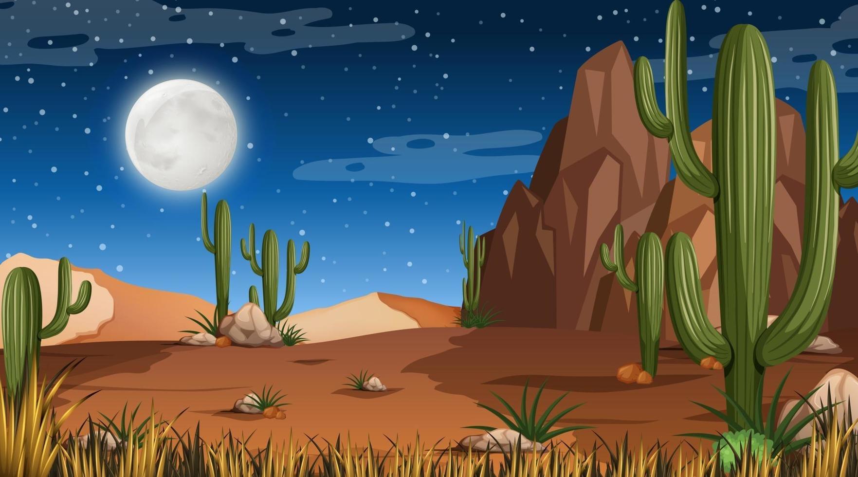 paesaggio della foresta del deserto alla scena notturna con molti cactus vettore