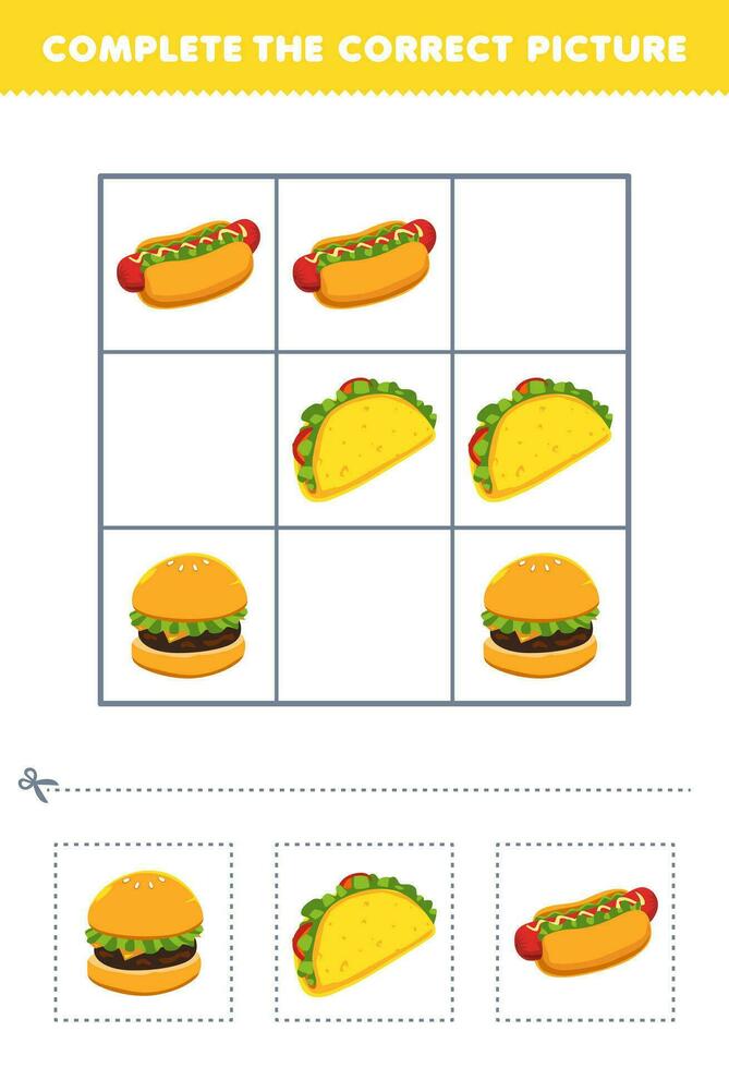 formazione scolastica gioco per bambini completare il corretta immagine di un' carino cartone animato hamburger taco e hot dog stampabile cibo foglio di lavoro vettore