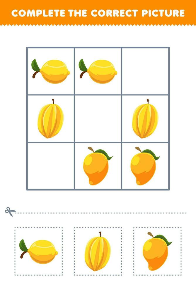 formazione scolastica gioco per bambini completare il corretta immagine di un' carino cartone animato Limone stella frutta e Mango stampabile frutta foglio di lavoro vettore