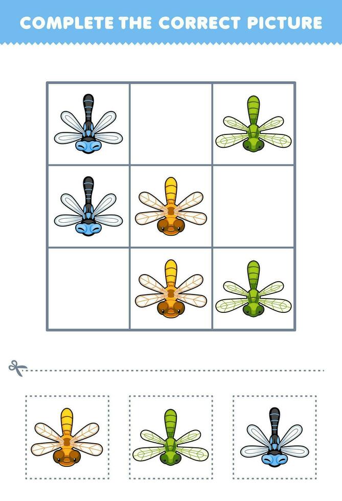 formazione scolastica gioco per bambini completare il corretta immagine di un' carino cartone animato libellula stampabile insetto foglio di lavoro vettore