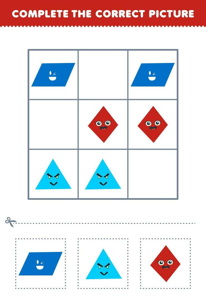 formazione scolastica gioco per bambini completare il corretta immagine di un' carino cartone animato parallelogrammo triangolo e rombo stampabile forma foglio di lavoro vettore