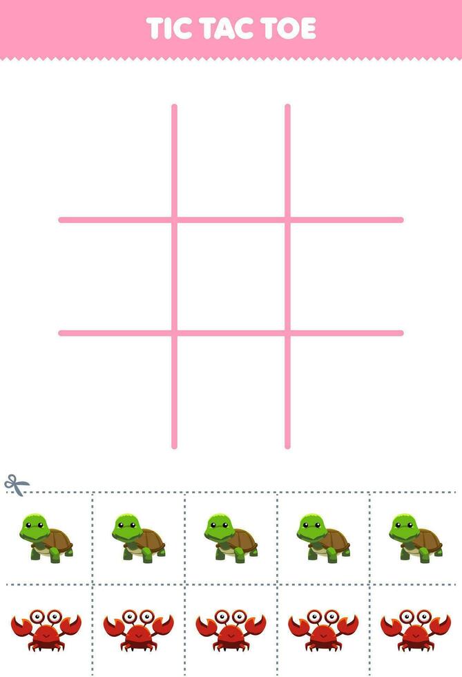 formazione scolastica gioco per bambini tic tac dito del piede impostato con carino cartone animato tartaruga e Granchio immagine stampabile animale foglio di lavoro vettore