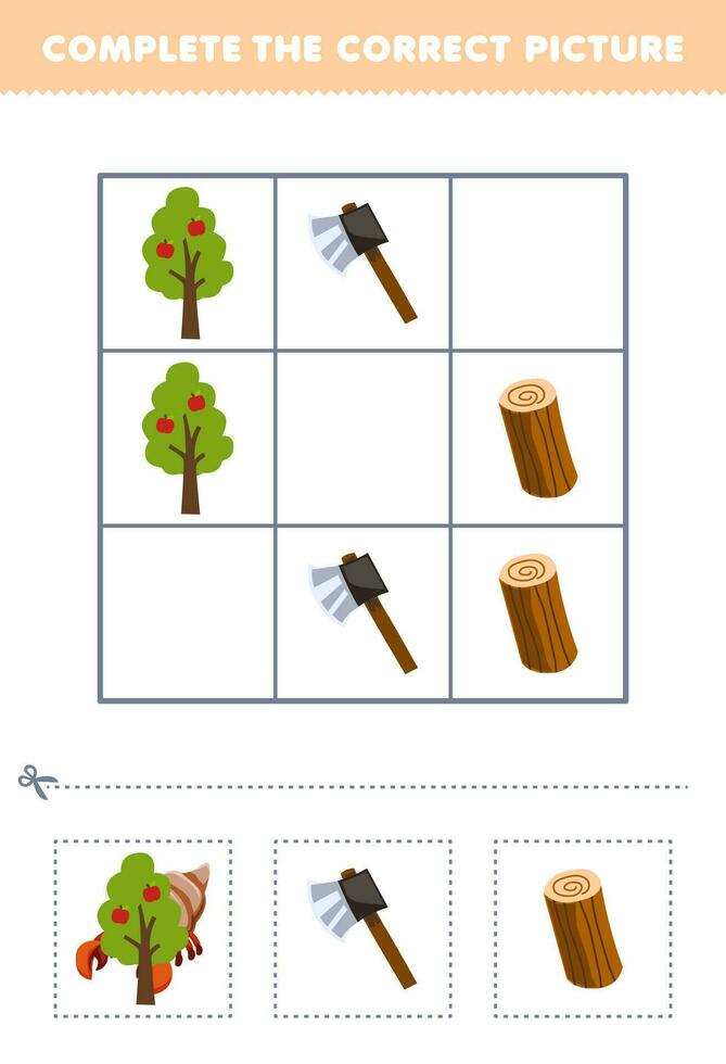 formazione scolastica gioco per bambini completare il corretta immagine di un' carino cartone animato albero ascia e legna log stampabile azienda agricola foglio di lavoro vettore