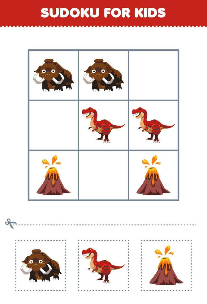 formazione scolastica gioco per bambini facile sudoku per bambini con carino cartone animato mammut tirannosauro vulcano stampabile preistorico dinosauro foglio di lavoro vettore