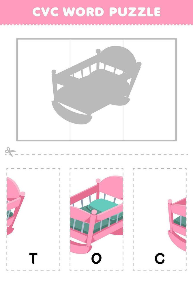 formazione scolastica gioco per bambini per imparare cvc parola di completare il puzzle di carino cartone animato bambino culla immagine stampabile foglio di lavoro vettore