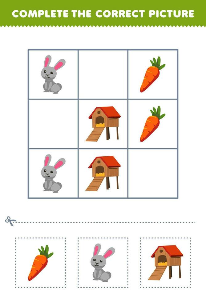 formazione scolastica gioco per bambini completare il corretta immagine di un' carino cartone animato coniglio hutch e carota stampabile azienda agricola foglio di lavoro vettore