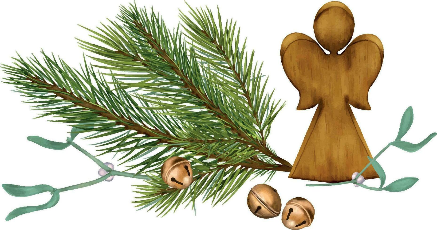 Natale bronzo campane, pino ramo, di legno angelo digitale illustrazione acquerello stile isolato su bianca. Natale simbolo, decorazione mano disegnato. elemento per design nuovo anno 2024, saluto carta vettore