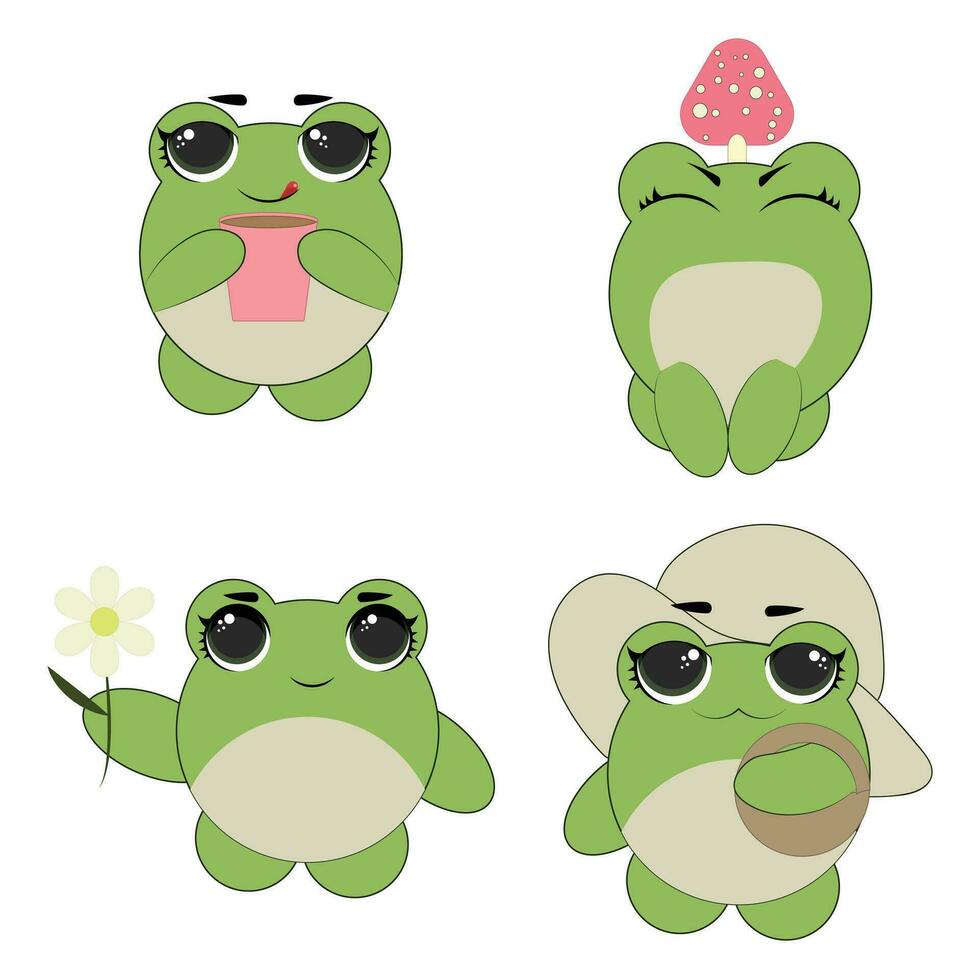 carino emoticon personaggio cartone animato rana adesivi emoticon con diverso emozioni. verde rana. vettore illustrazione