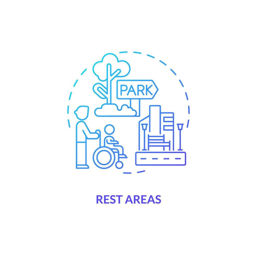 riposo le zone blu pendenza concetto icona. sedia a rotelle accessibile. persone con disabilità. mobilità AIDS. all'aperto ricreazione astratto idea magro linea illustrazione. isolato schema disegno vettore