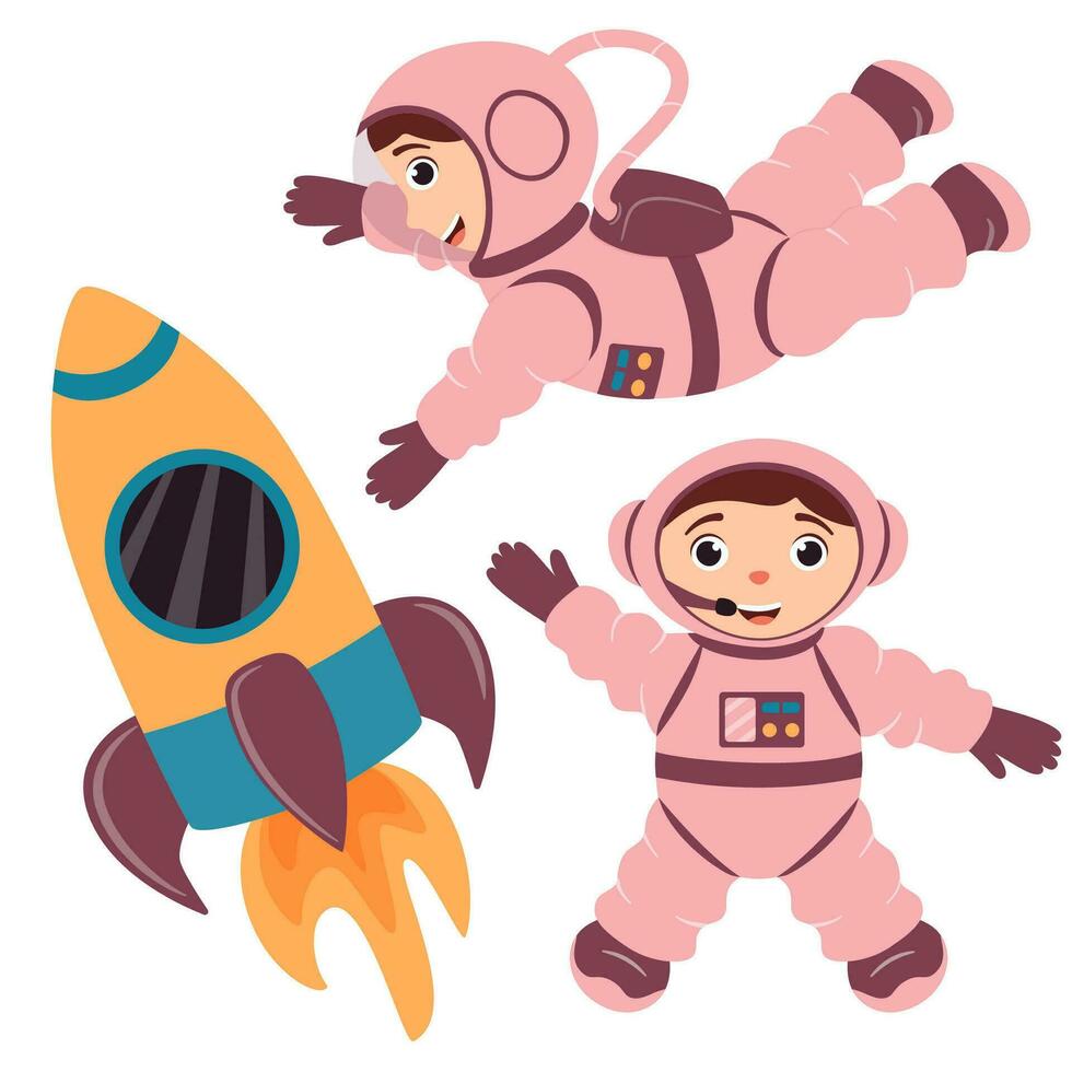 un' impostato di illustrazioni con carino astronauti e un' razzo nel un' cartone animato stile. vettore