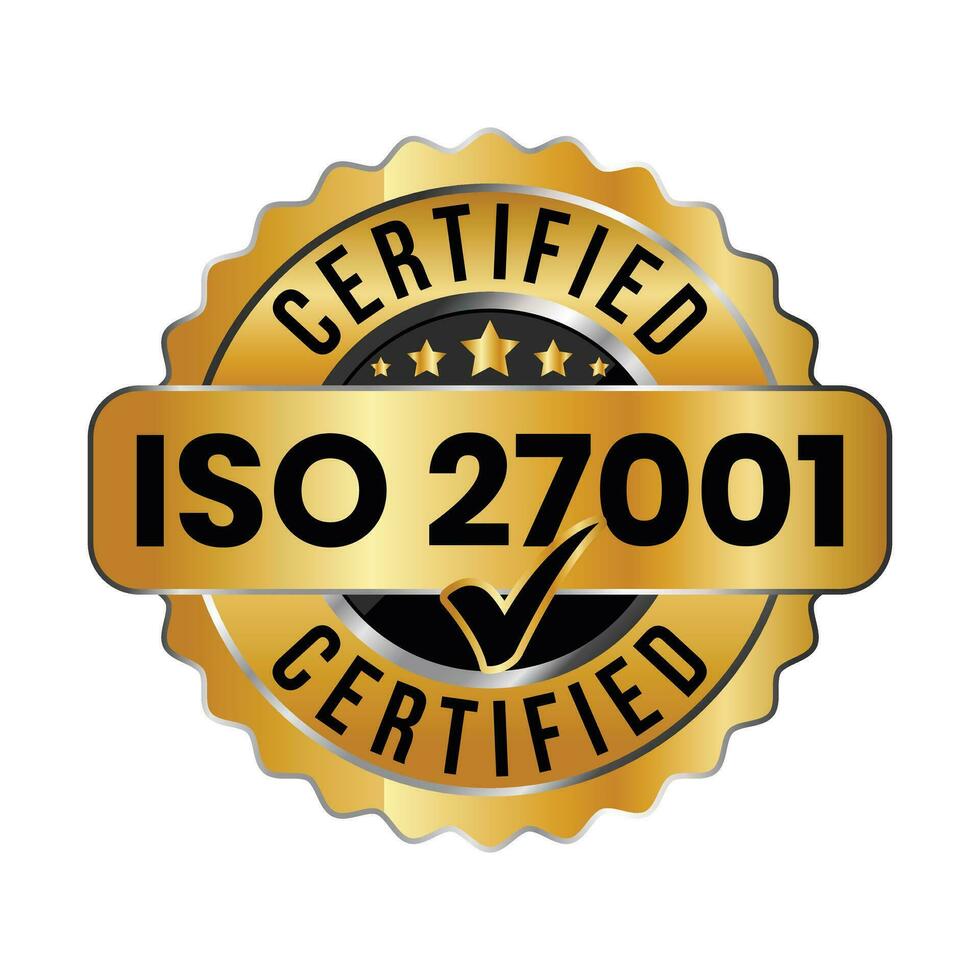 iso 27001 certificato distintivo o informazione sicurezza gestione sistema, iso 27001 vettore icona, gomma da cancellare francobollo, sigillo, etichetta, emblema, con dai un'occhiata marchio, lucido e d'oro distintivo vettore illustrazione