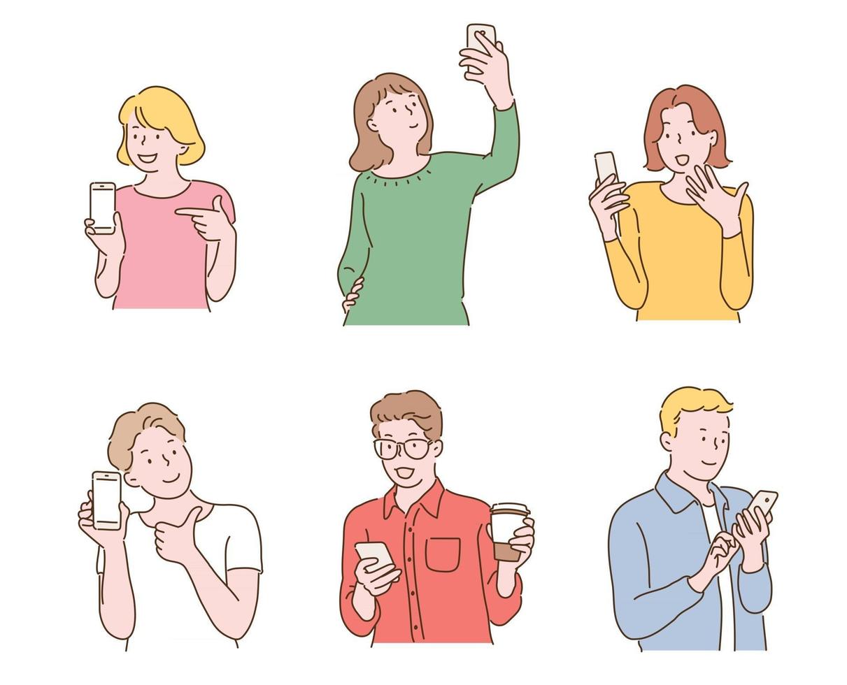 persone che tengono in mano telefoni cellulari e fanno vari gesti. illustrazioni di disegno vettoriale stile disegnato a mano.