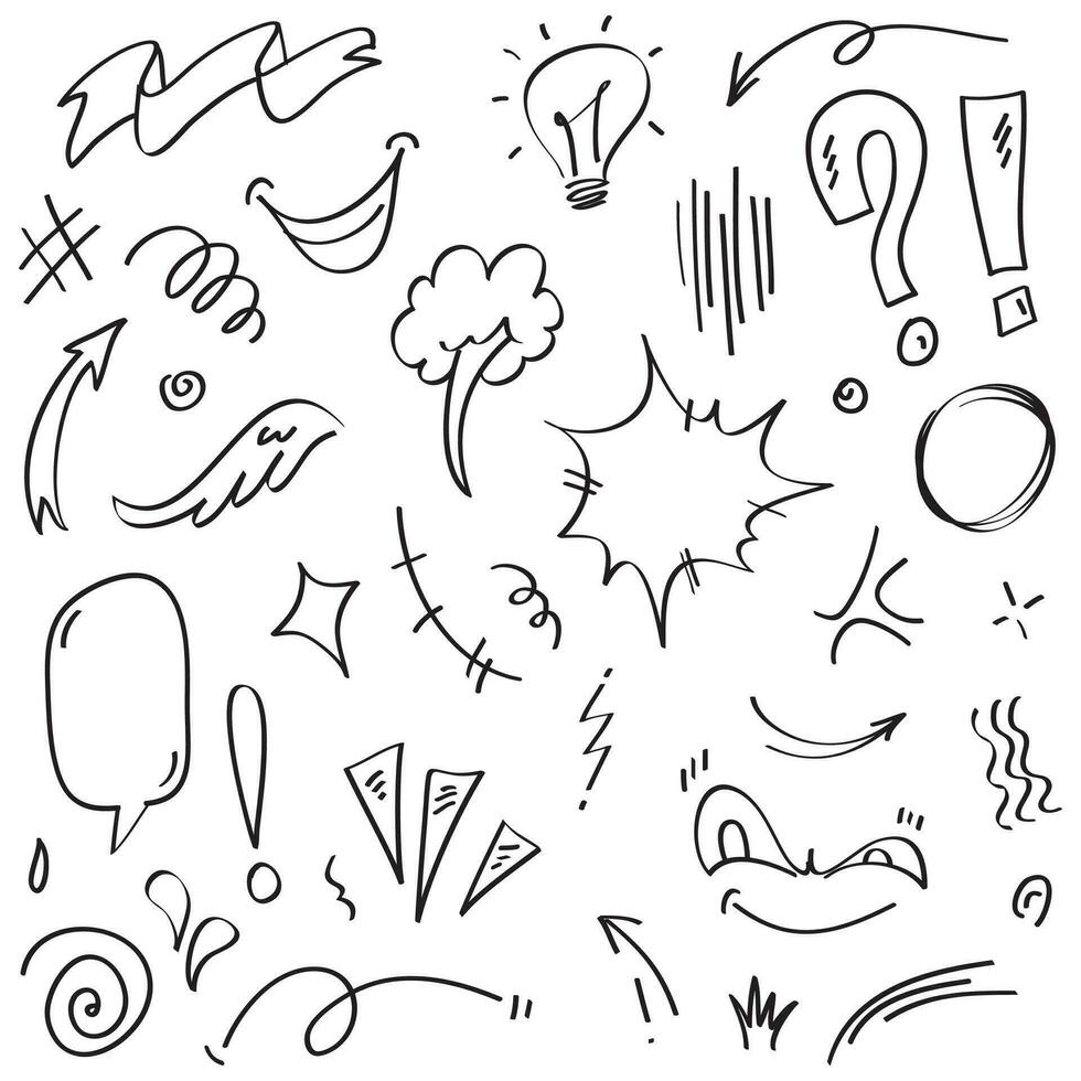 set vettoriale di doodle di segni di espressione cartoonesca disegnati a mano, frecce direzionali curve, elementi di design di effetti emoticon, simboli di emozione dei personaggi dei cartoni animati, linee di pennellate decorative carine.