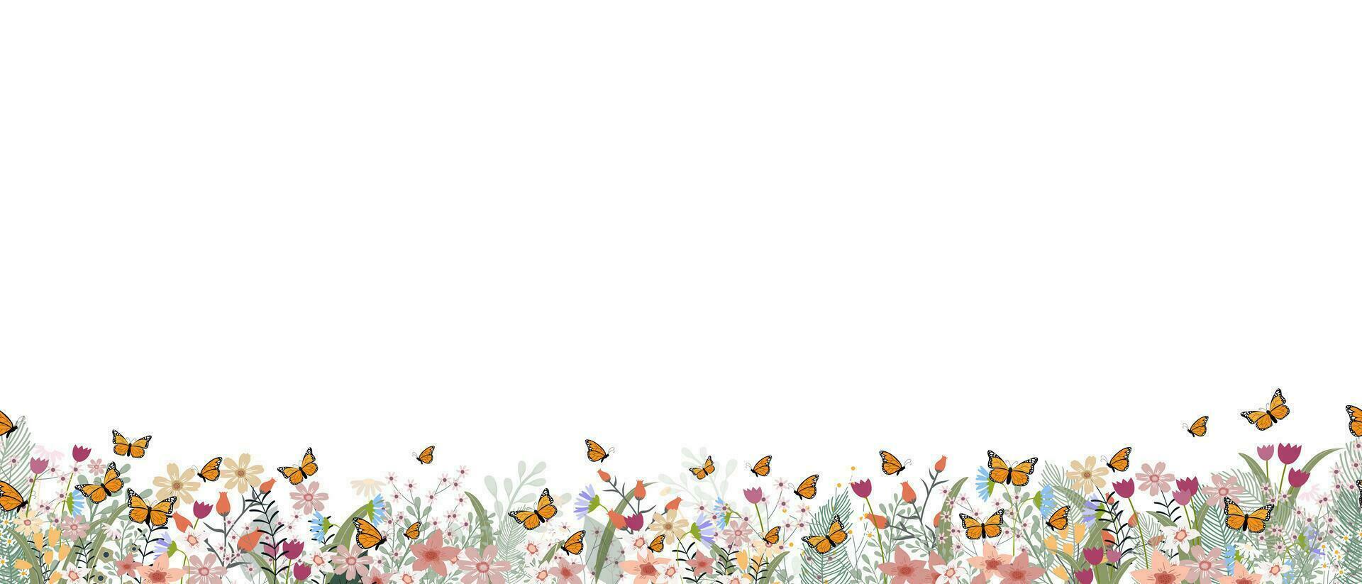 senza soluzione di continuità modello fiore confine con farfalla,orizzontale floreale fondale decorazione con carino multicolore largo fiore e le foglie telaio su bianca sfondo.vettore primavera o estate botanico piatto design vettore