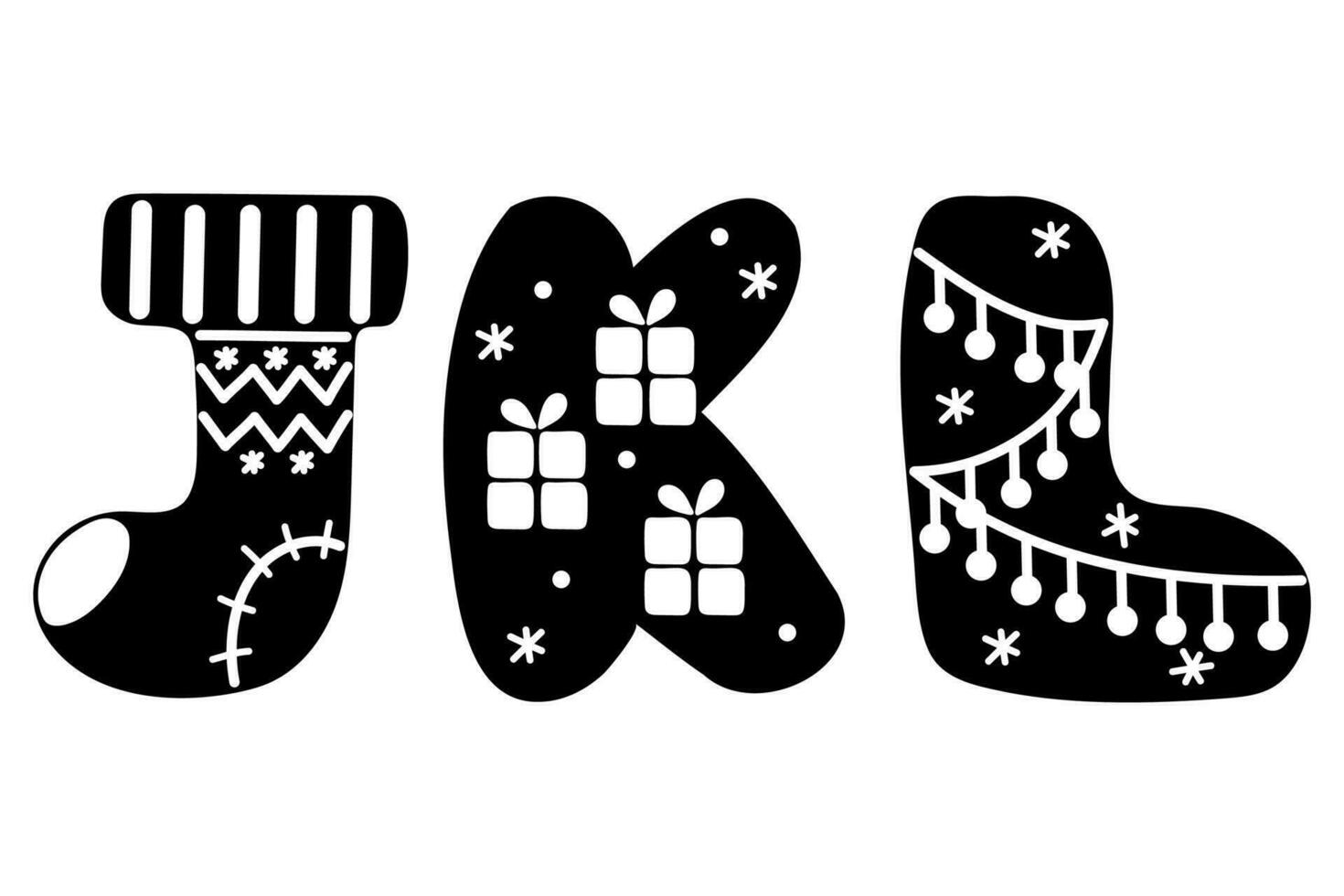 inverno inglese alfabeto. j K l lettere nel scandinavo stile. nero e bianca lettering per Natale e nuovo anno carta vettore