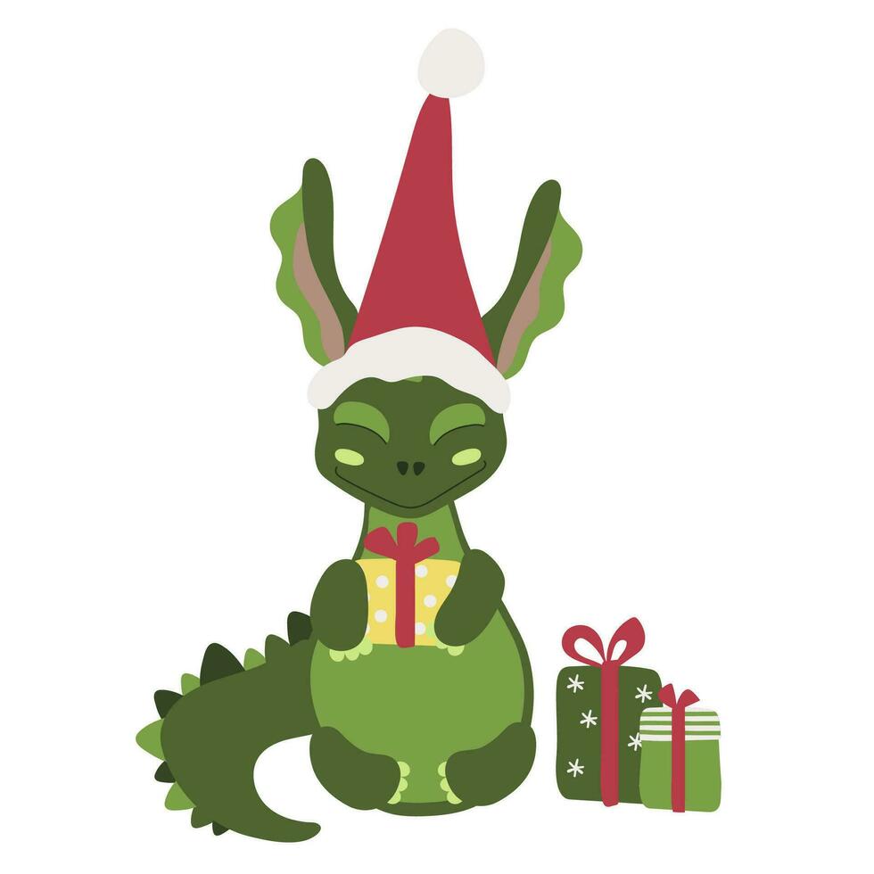 verde poco Drago simbolo di 2024 con Natale i regali. vacanza carta. Cinese nuovo anno vettore
