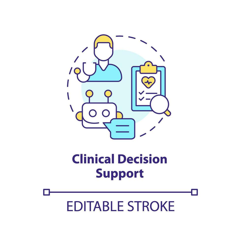 clinico decisione supporto concetto icona. tecnologia di trattamento miglioramento. ai e ml nel precisione medicina astratto idea magro linea illustrazione. isolato schema disegno. modificabile ictus vettore