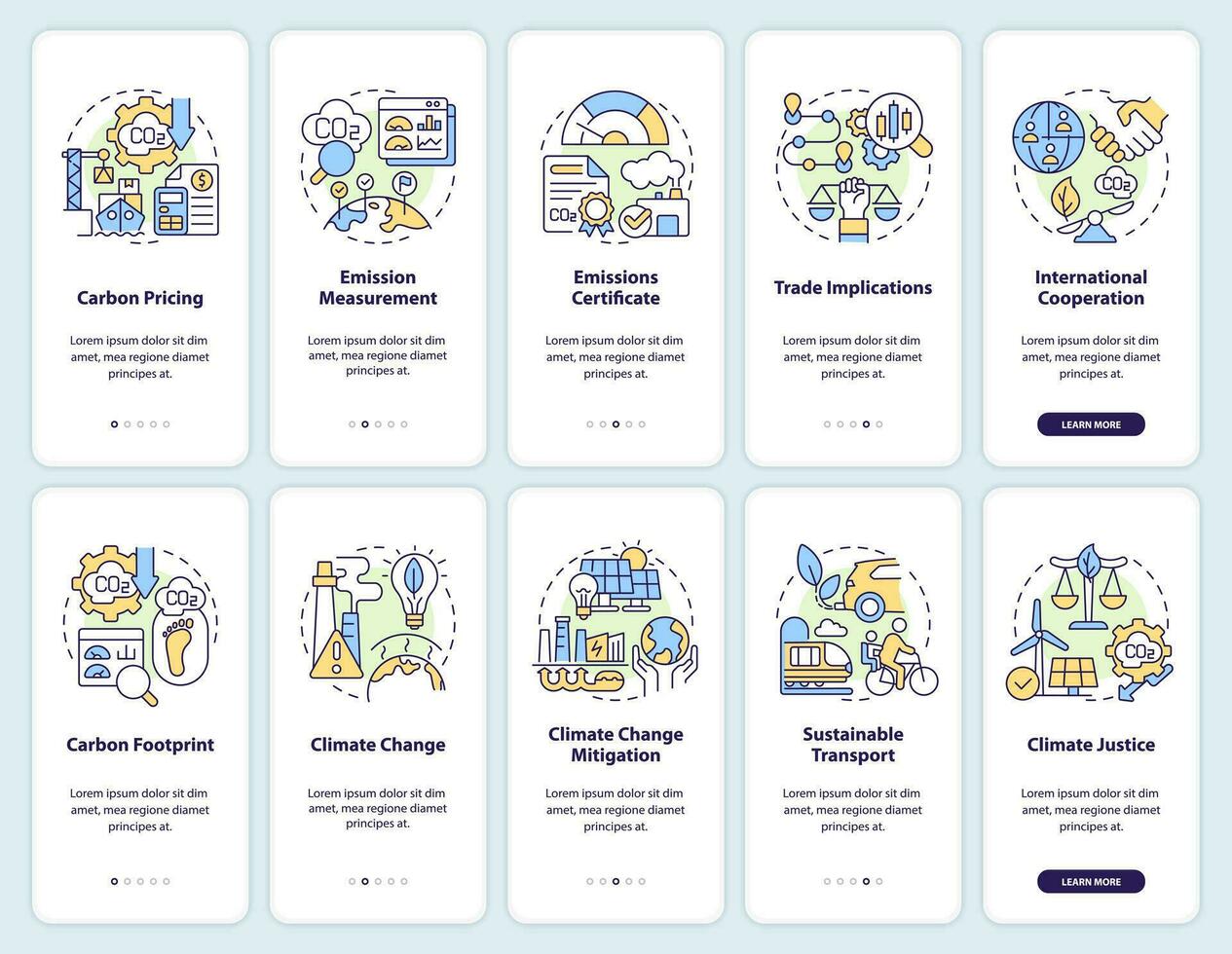 2d icone che rappresentano carbonio confine registrazione mobile App schermo impostare. Procedura dettagliata 5 passaggi colorato grafico Istruzioni con lineare concetti, ui, ux, gui modello. vettore