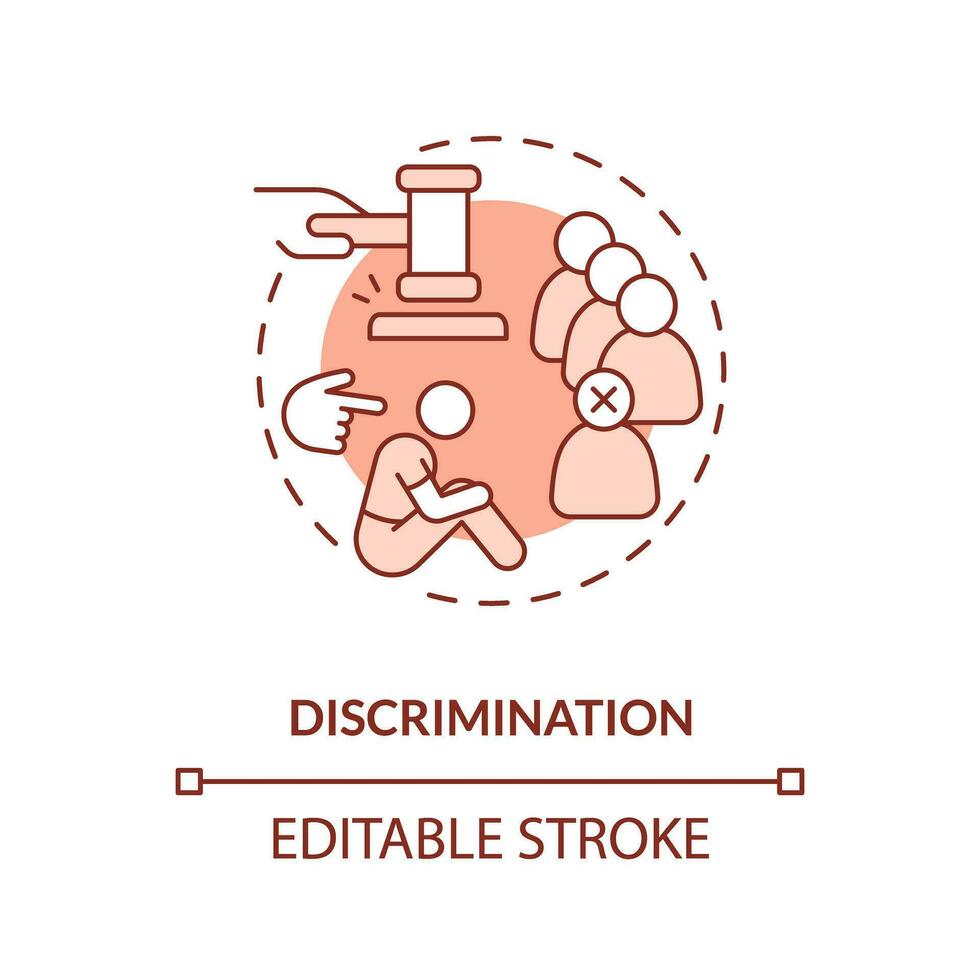 discriminazione rosso concetto icona. sociale esclusione. intolleranza. giustizia problema astratto idea magro linea illustrazione. isolato schema disegno. modificabile ictus vettore