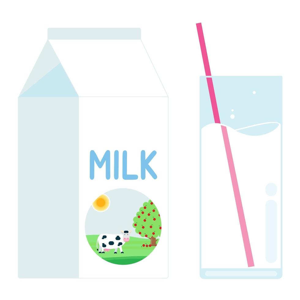 confezione di latte prodotto diario con mucca nel cerchio e bicchiere di latte con paglia design piatto stile illustrazione vettoriale isolato su sfondo bianco. pacchetto di scatole dal design piatto minimalista di latte e vetro