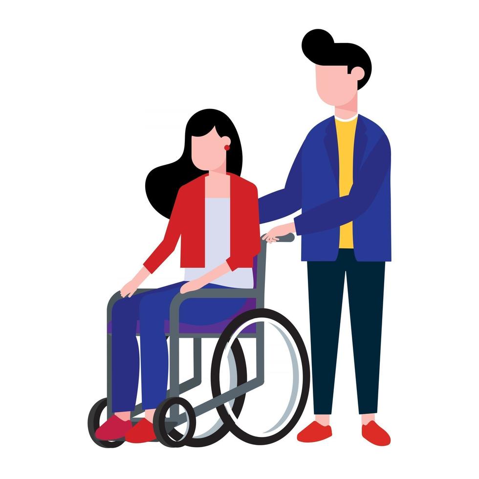 giovane donna seduta su una sedia a rotelle e aiutante ragazzo maschio tenerlo. illustrazione vettoriale di design in stile piatto isolato su sfondo bianco