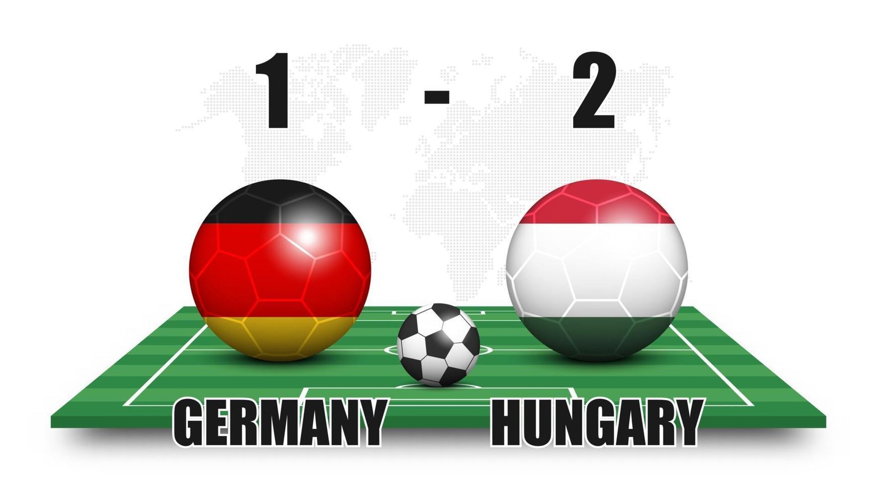 Germania vs Ungheria. pallone da calcio con motivo a bandiera nazionale sul campo di calcio in prospettiva. sfondo mappa del mondo punteggiato. risultato della partita di calcio e tabellone segnapunti. torneo di coppa sportiva. disegno vettoriale 3d