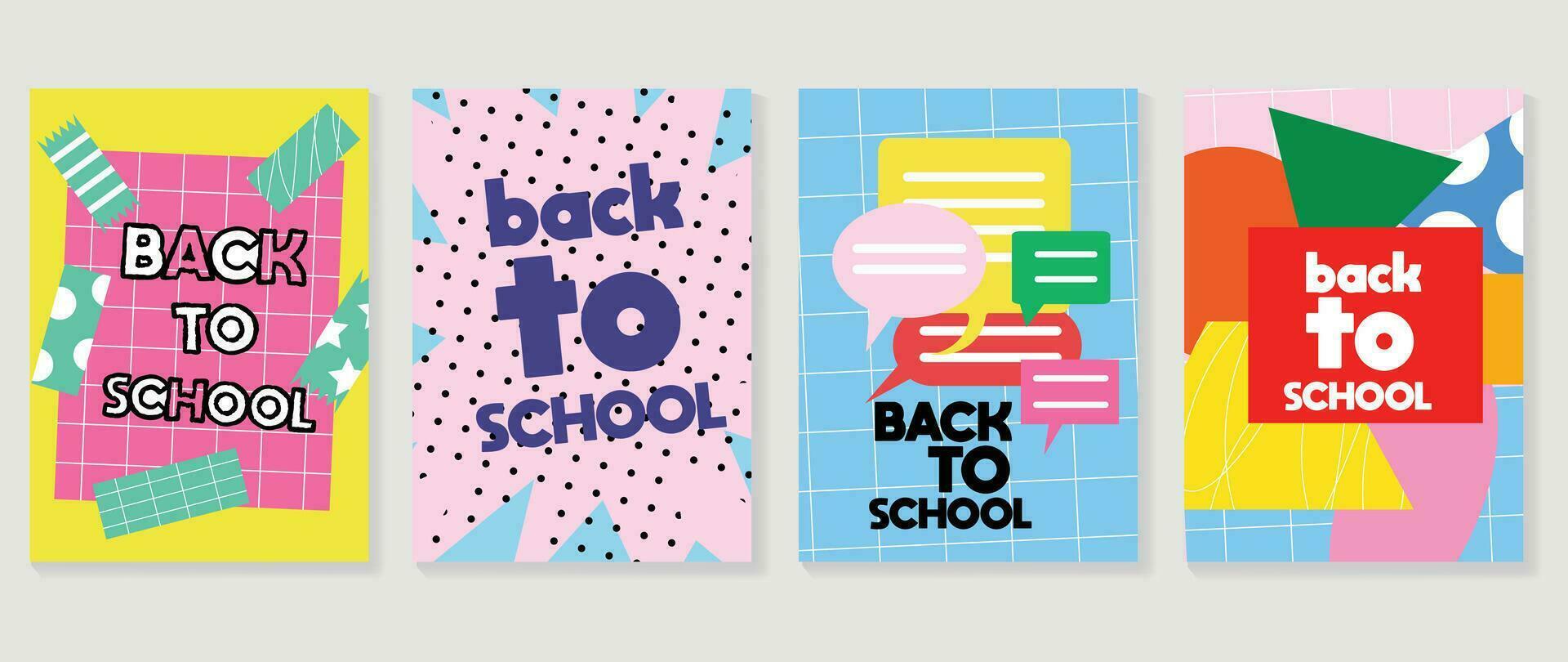 benvenuto indietro per scuola copertina sfondo vettore impostare. carino infanzia illustrazione con geometrico forme, discorso bolla, punto, colorato. indietro per scuola collezione per stampe, formazione scolastica, striscione.