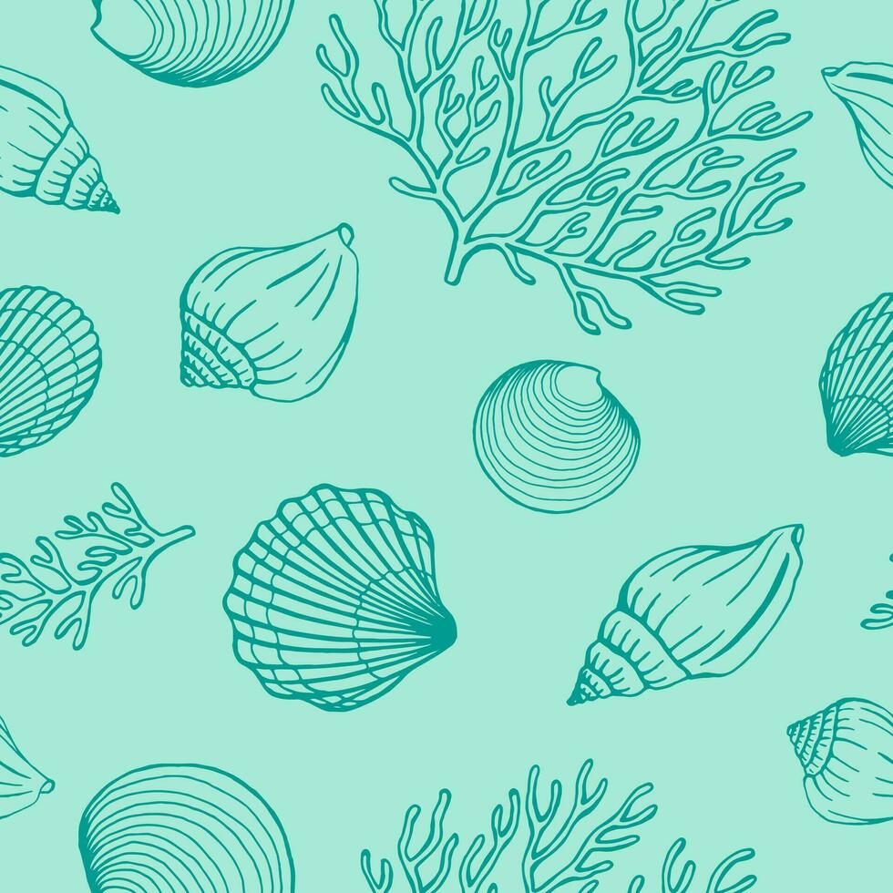 modello senza cuciture con conchiglie, coralli. fondo marino. illustrazione vettoriale in stile schizzo.