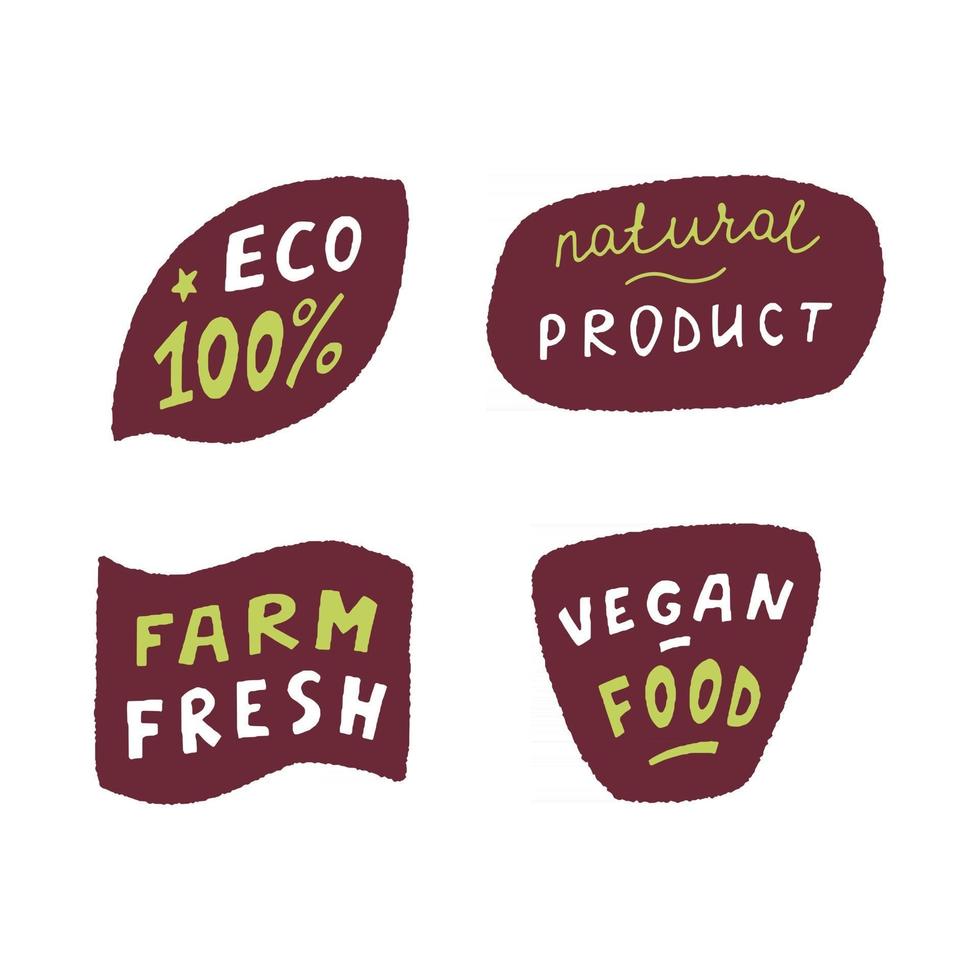 distintivo ecologico impostato in stile handraw. logo biologico. etichette di prodotti vegani, badge per alimenti naturali e verdure ecologiche, adesivi per prodotti freschi e sani. illustrazione vettoriale